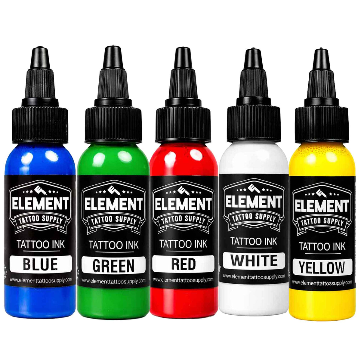 Five bottles of Element tattoo ink in white, blue, yellow, red, and green on a white background.