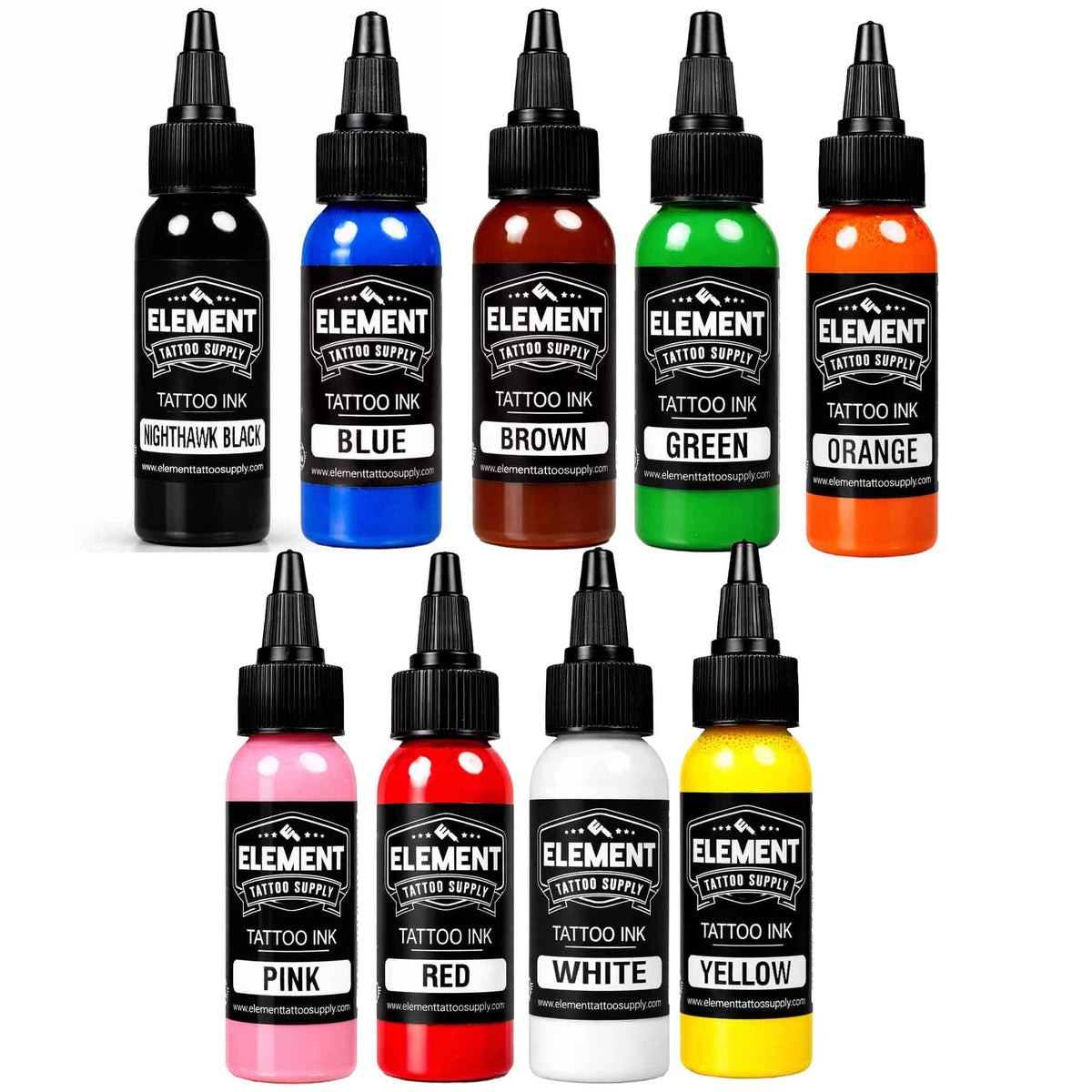 Eight Element Tattoo Supply ink bottles arranged in two rows on a white background, showing black, blue, brown, green, orange, pink, red, white, and yellow colors.