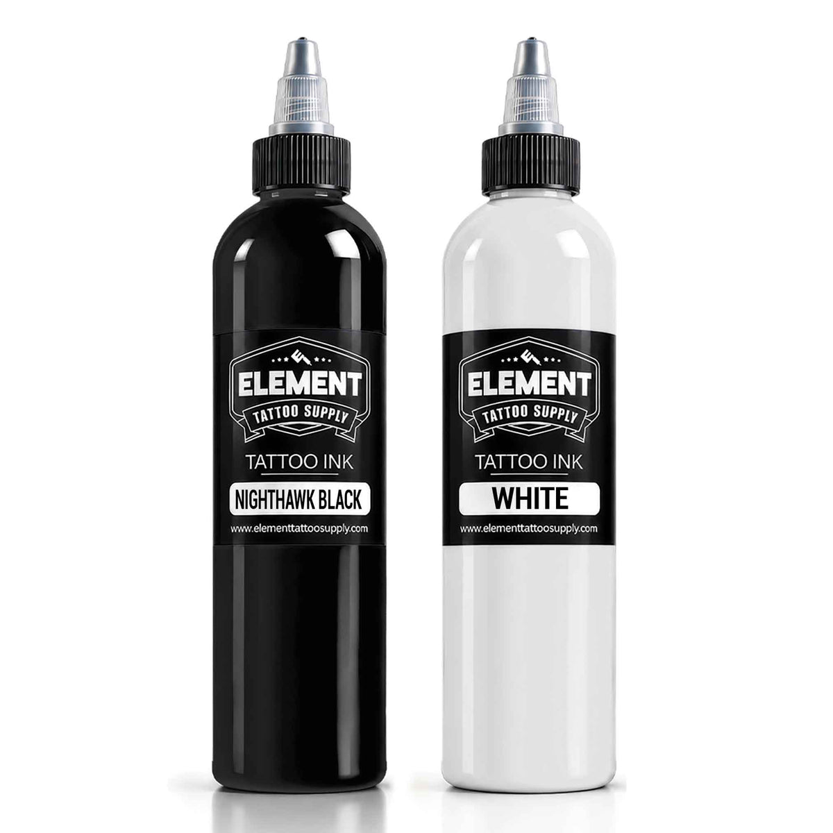 8 ounce bottle of nighthawk black TATTOO INK with a bottle of 8 ounce white Element TATTOO INK