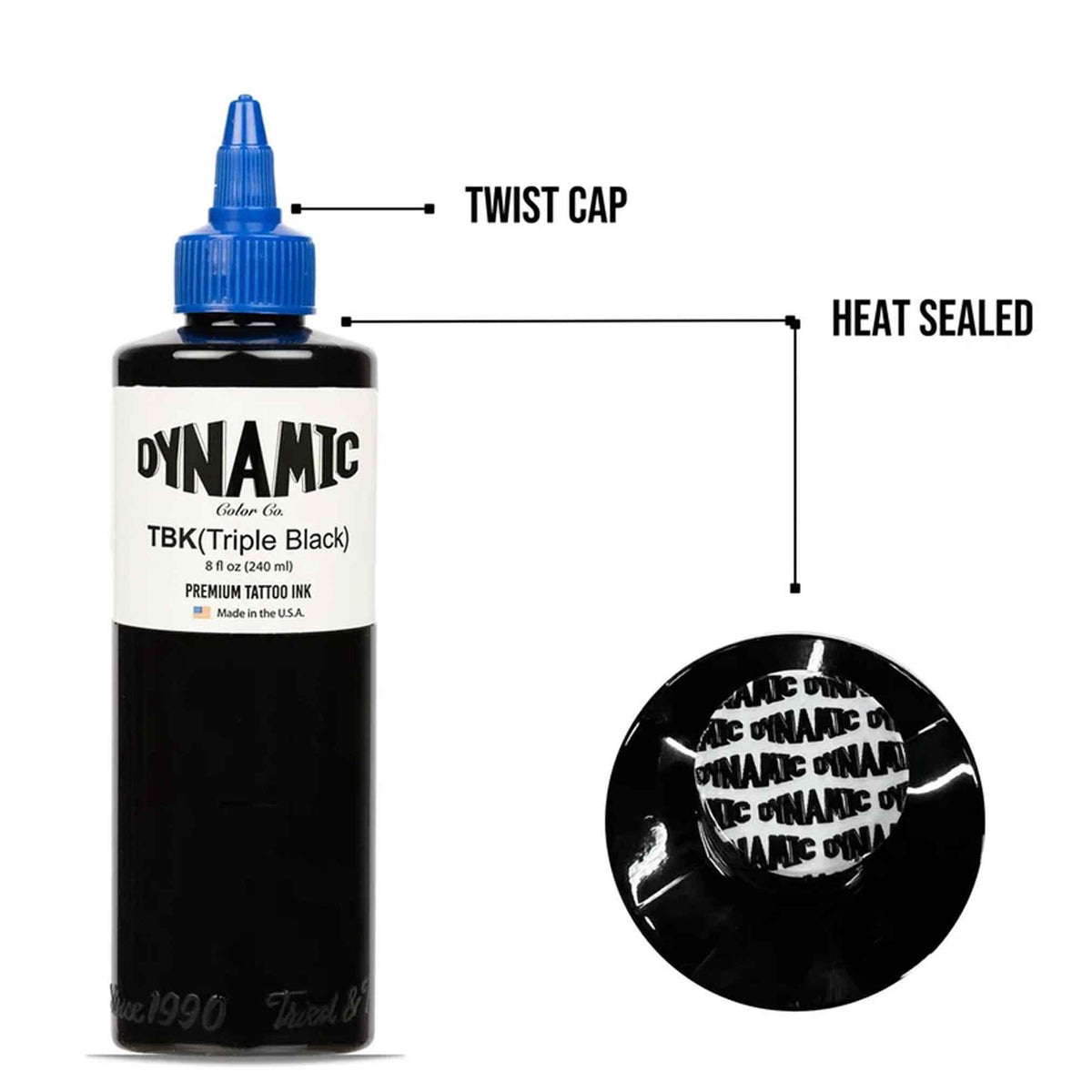  blue twist top cap dynamic triple black Tattoo Ink with this heat sealed image of the top of the bottle 8 ounce premium Tattoo Ink