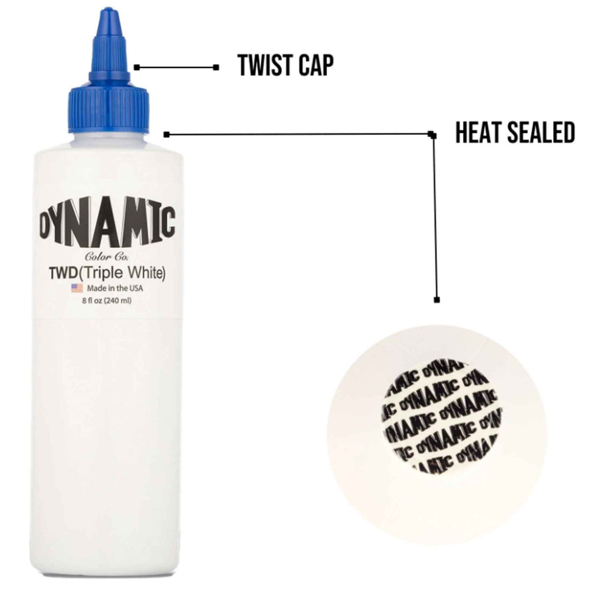 An image of dynamic triple white with the blue twist, top cap and heat sealed induction seal