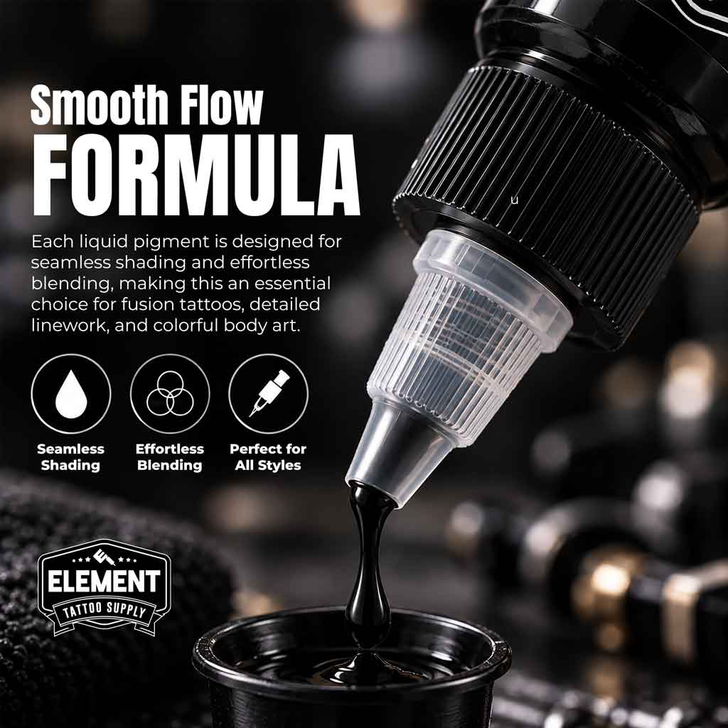 A close-up of a tattoo pen applicator dispensing glossy black liquid pigment into a small cup, with promotional text reading 'Smooth Flow Formula' and the Element Tattoo Supply logo on a dark blurred background.