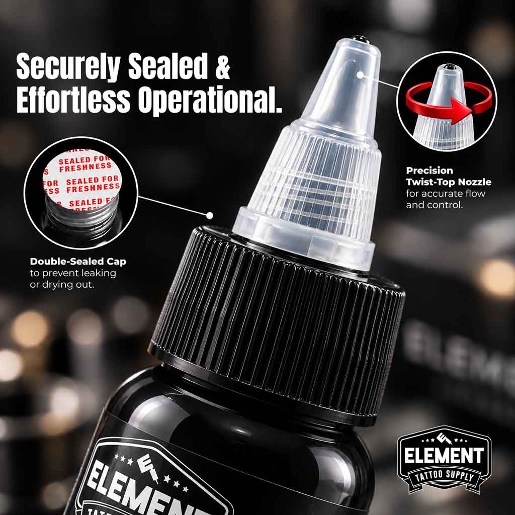 Close-up of a black Element Tattoo Supply bottle with a clear twist-top nozzle and a double-sealed cap, shown with feature callouts and text on a blurred dark background.
