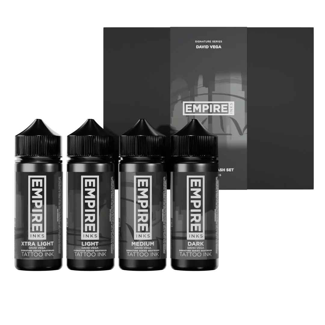 Four bottles of Empire Inks David Vega tattoo ink with a black box in the background.