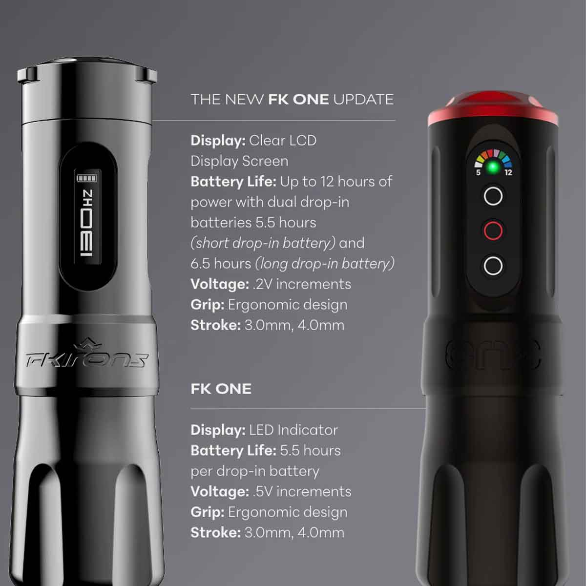 Two vaping devices with specifications on a gray background