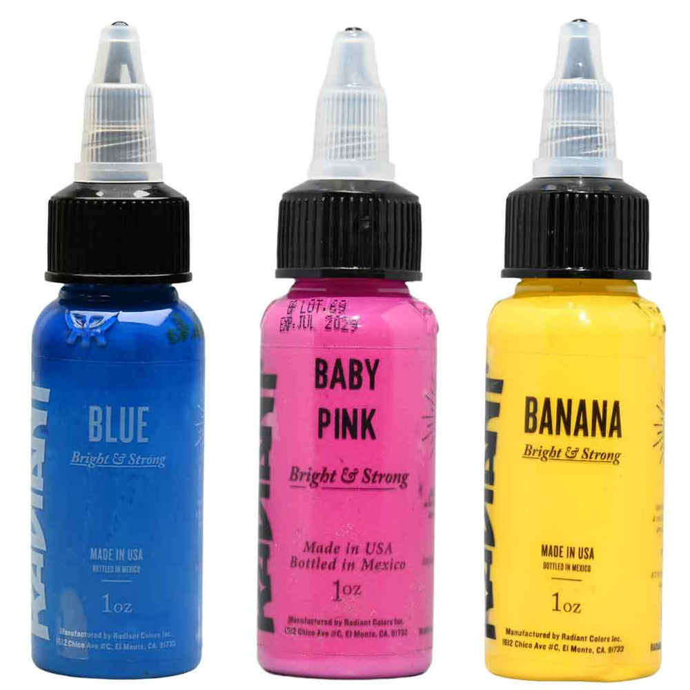 Blue, Baby Pink, Banana, tattoo ink colors by Radiant