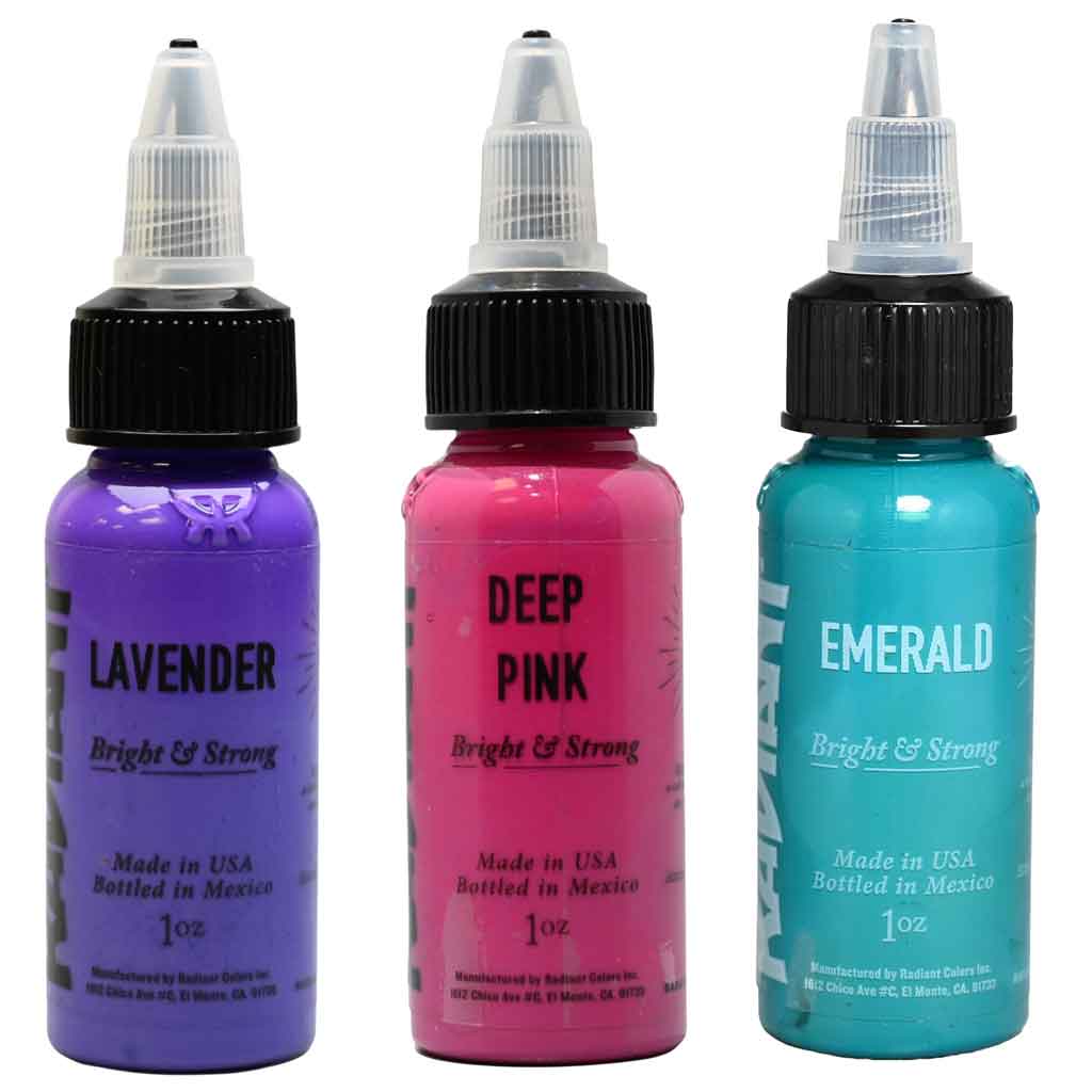 Lavender, Deep Pink, Emerald tattoo ink colors by Radiant