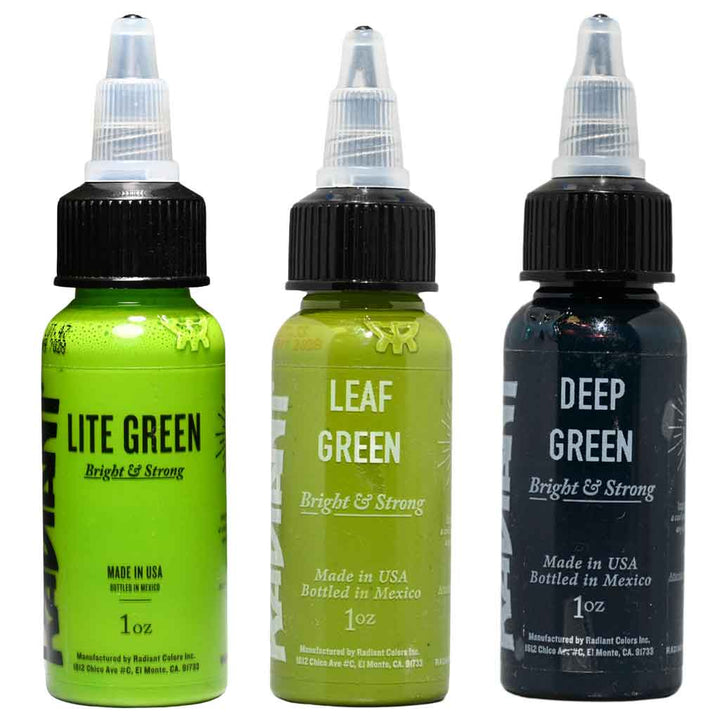 Lite Green, Leaf Green, Deep Green tattoo ink colors by Radiant