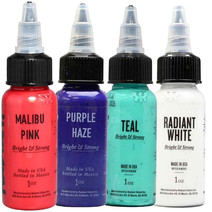 Malibu Pink, Purple Haze, Teal, Radiant White tattoo ink colors by Radiant