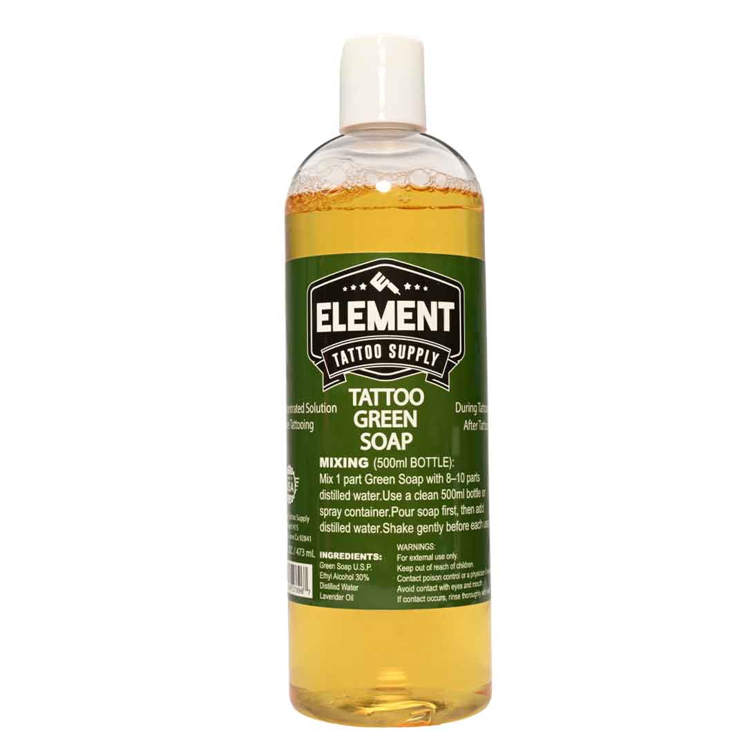 A 500ml bottle of Element Tattoo Supply Tattoo Green Soap, featuring a green label and a white cap, filled with yellowish-green liquid, shown on a white background.