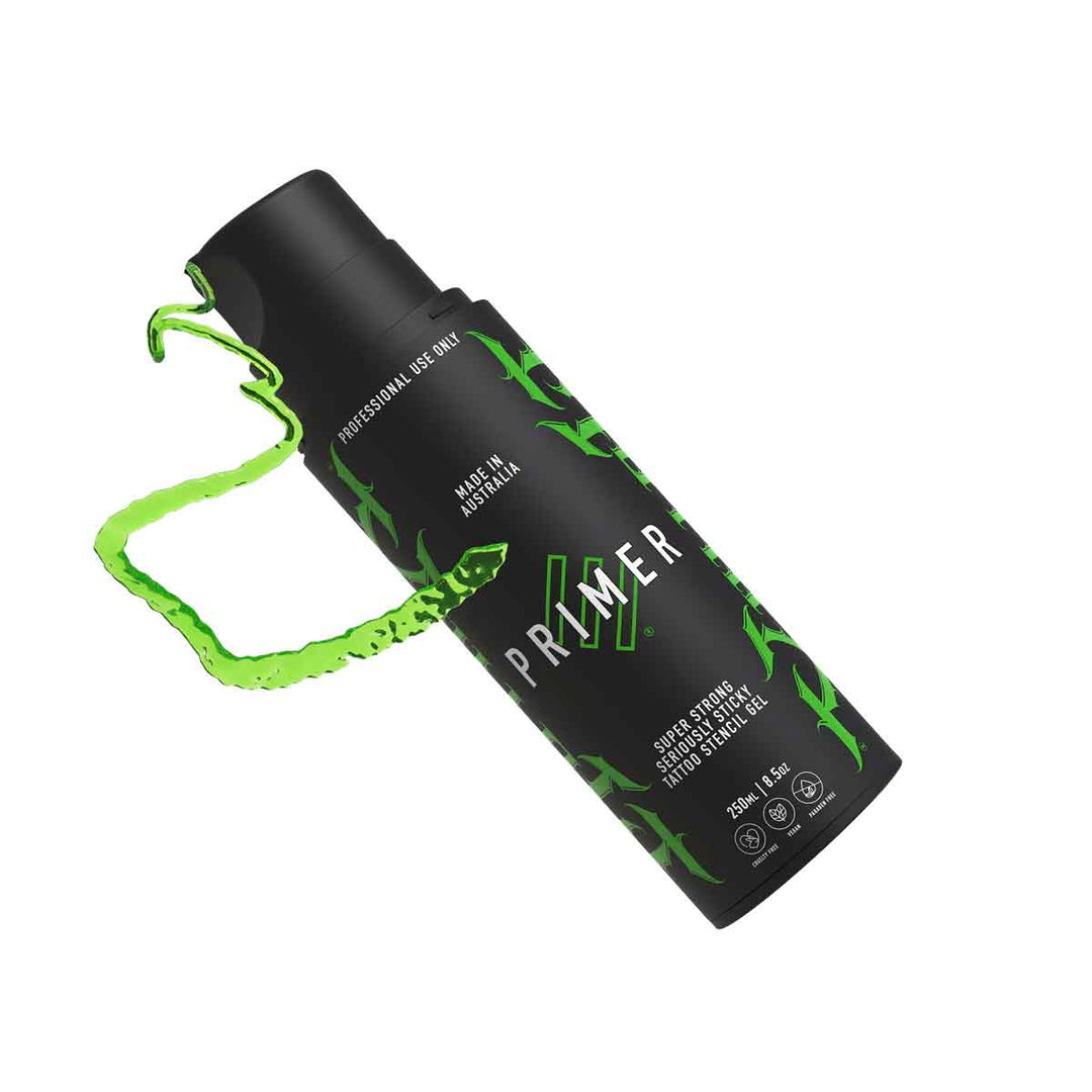 Black primer bottle with green text and design on a white background