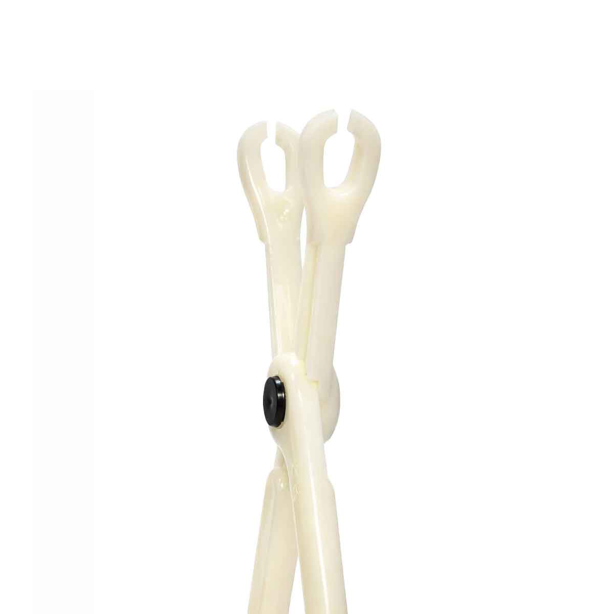 White piercing navel clamps  with a black handle on a white background