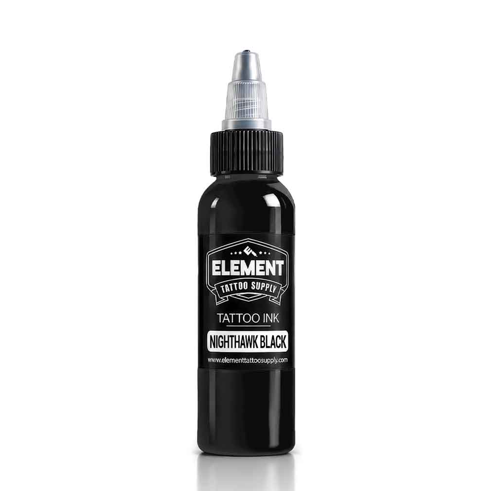 Element Tattoo Supply Nighthawk Black tattoo ink in a 10ml black bottle with a clear cap, on a white background.