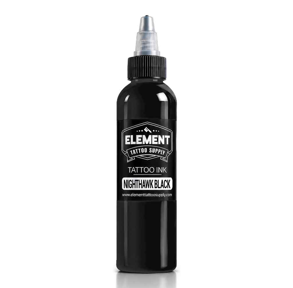 A black plastic bottle of Element Tattoo Supply Nighthawk Black tattoo ink with a clear cap, centered on a white background.