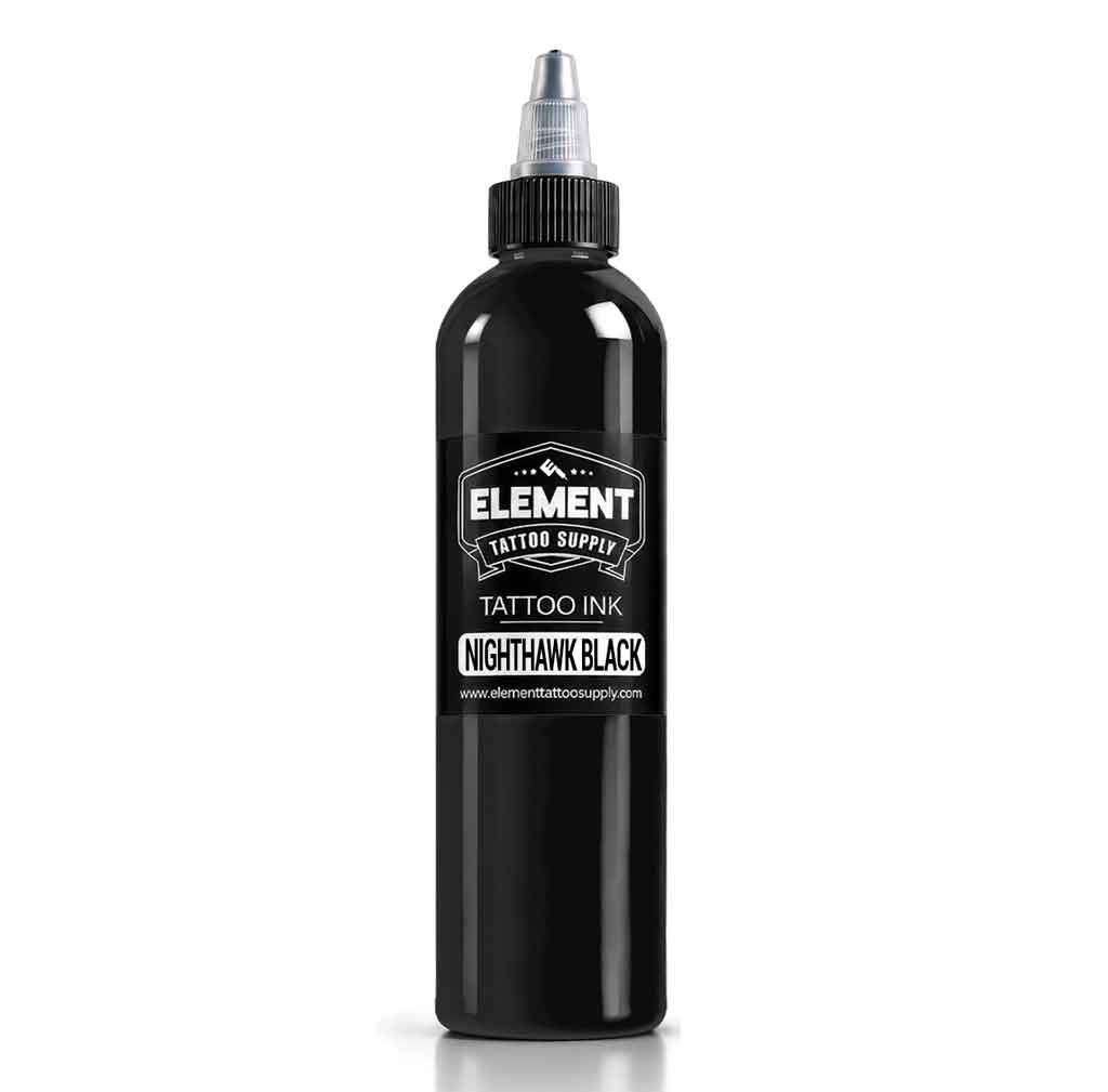 Element Tattoo Supply Nighthawk Black tattoo ink in a black squeeze bottle with a silver-capped nozzle, shown on a white background.