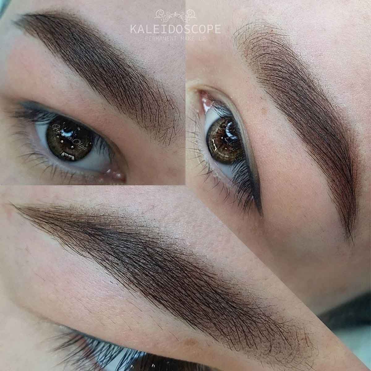 Close-up collage of three eyebrow photos showing a person's eye and eyebrow before and after grooming, with the text 'KALEIDOSCOPE' visible near the top.