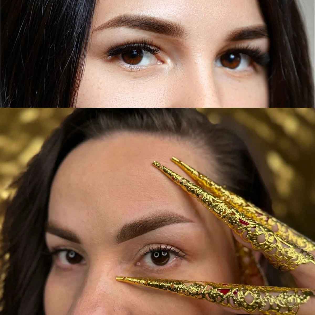 A close-up collage showing a woman's face with long, ornate gold manicured nails positioned near her eye, against a warm gold-toned blurred background.