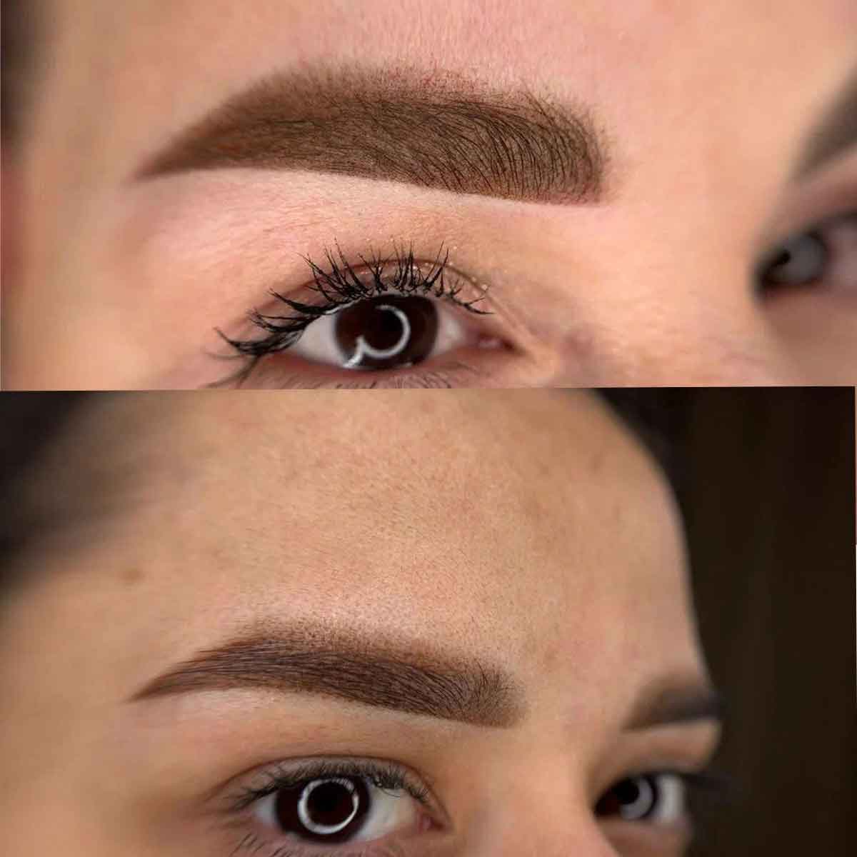 Close-up before-and-after comparison of a person's eyebrow, showing a natural sparse brow in the top panel and a filled, shaped brown eyebrow in the bottom panel.