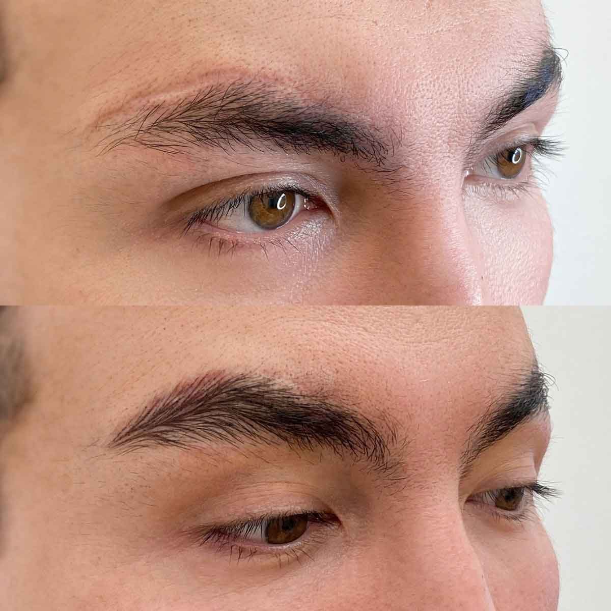 Close-up before-and-after comparison of a man's eyebrows, showing a fuller, darker brow makeup result in the bottom panel.