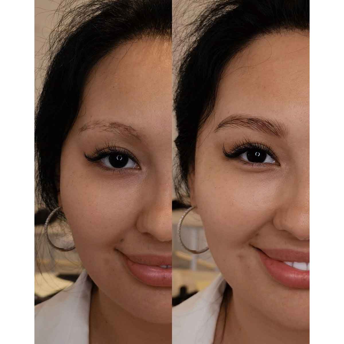 A side-by-side before and after comparison of a woman's face, focusing on her eyebrow and eye makeup. The left side shows a lighter, less defined eyebrow with black eyeliner, while the right side shows a fuller, shaped eyebrow with black eyeliner applied.