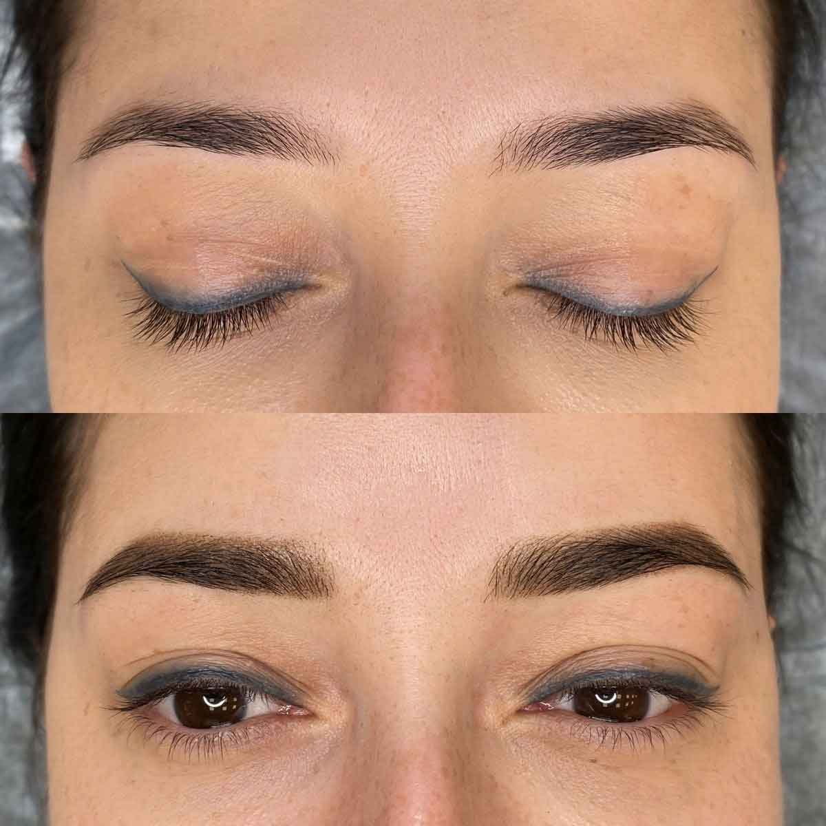 Before and after comparison of eyebrow makeup application, showing a closed eye with light blue eyeshadow on top and a fully defined, filled eyebrow with dark brown hair below.
