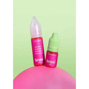 Two Brovi e-liquid bottles, one larger pink bottle and one smaller green-capped bottle, both labeled 'hot strawberry' and 'brovi', displayed on a pink surface against a light green background.