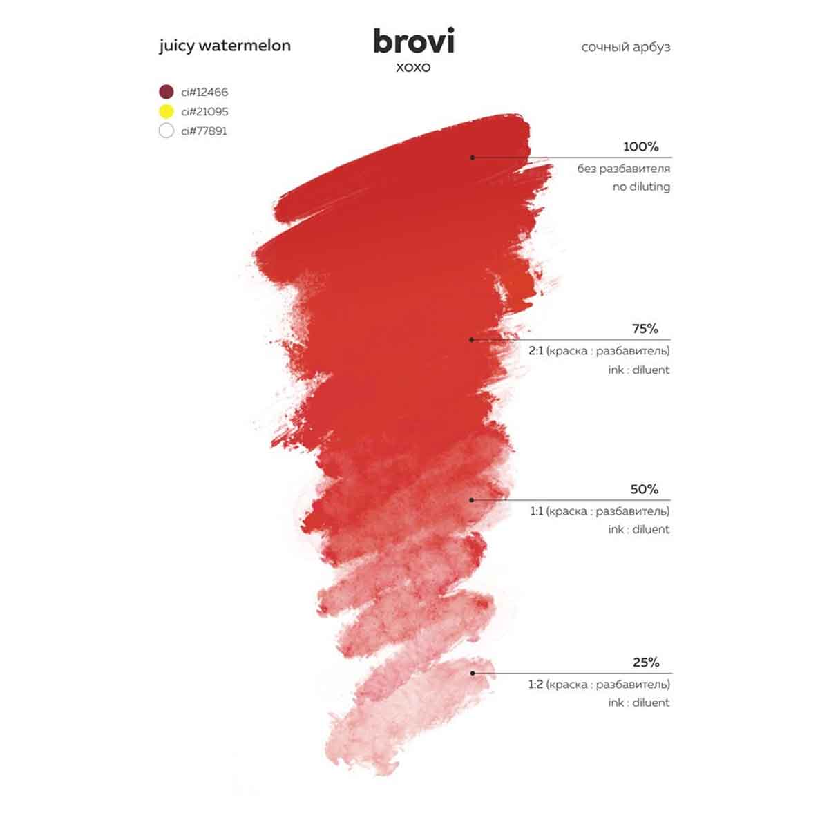A color swatch chart for the brovi XOHO 'juicy watermelon' paint color, showing a large textured brush stroke of red paint on a white background with dilution percentages and color codes.