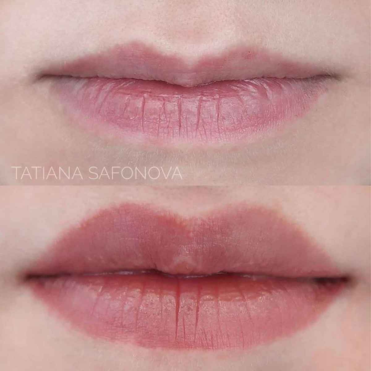 Close-up before-and-after comparison of a person's lips wearing a matte pink lip product, with the text 'TATIANA SAFONOVA' across the top image.