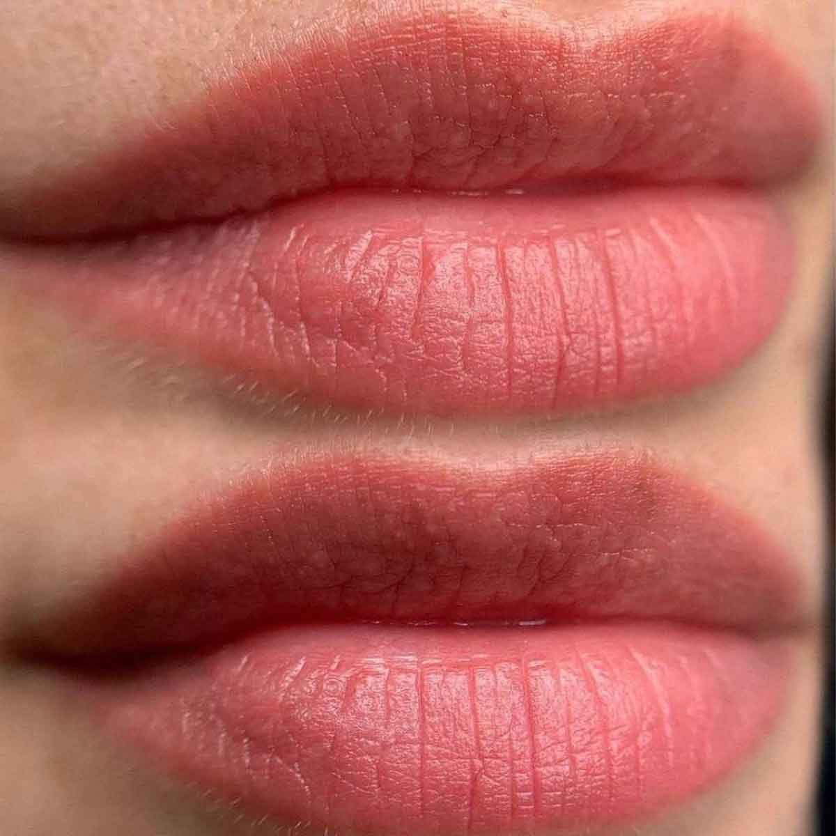 Close-up of lips wearing a matte dusty rose pink lipstick, showing the texture and color of the lip product.