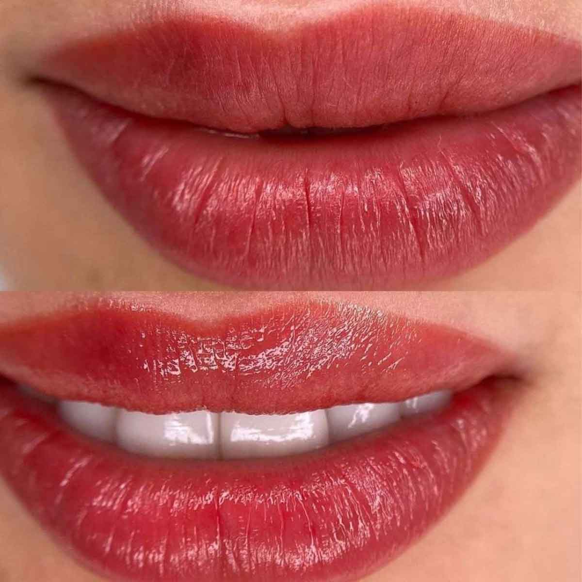 Close-up of a person's lips wearing a glossy, medium pink-red lip color, shown in two stacked close-up panels.