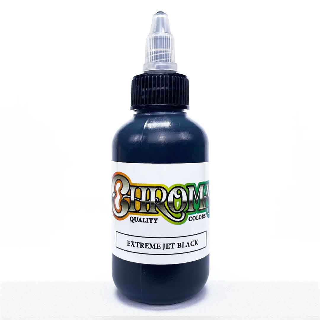 Bottle of Chroma Colors Extreme Jet Black ink on a white background