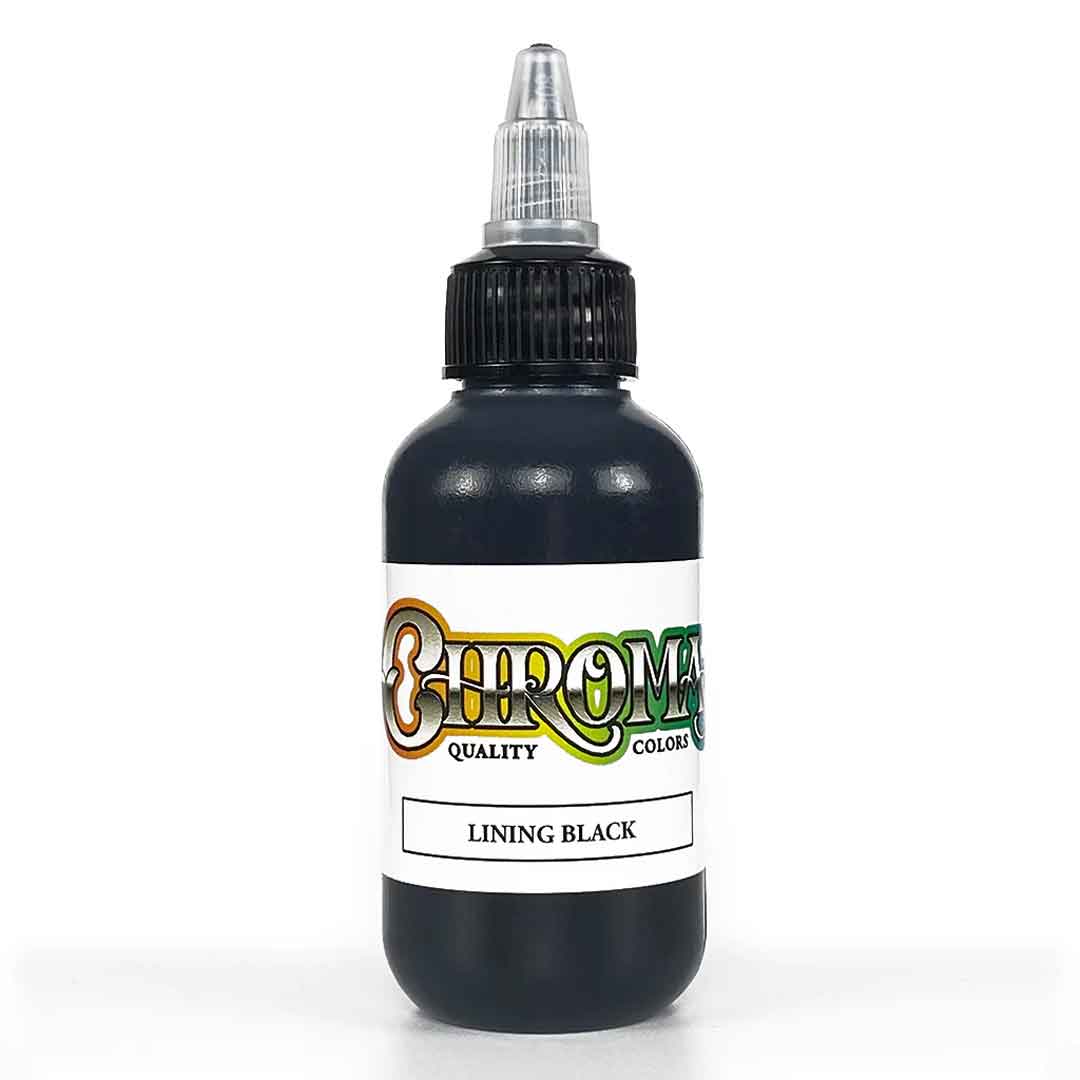 Bottle of Chroma Lining Black tattoo ink on a white background