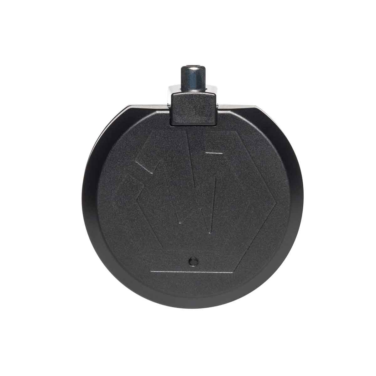 Black circular object with a central hub on a white background