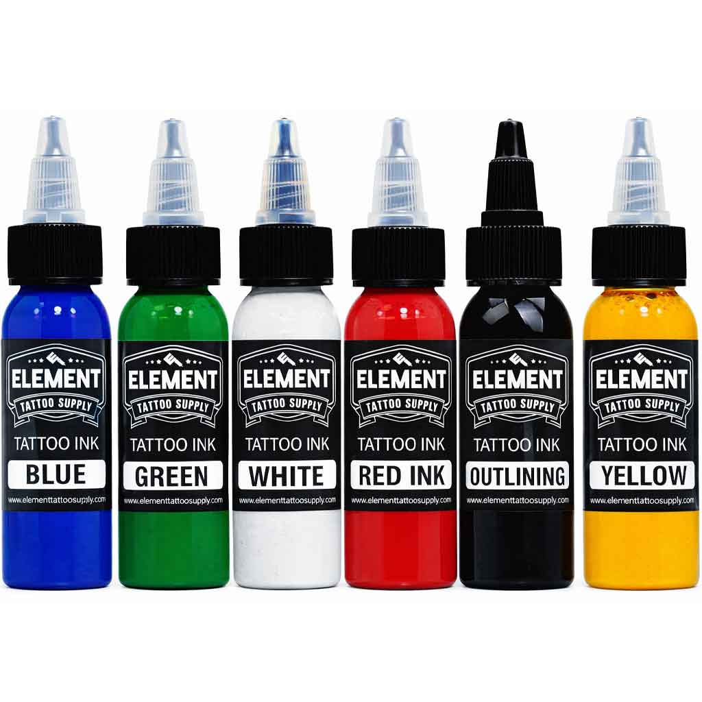 element tattoo supply tattoo ink set, blue green white red yellow outlining tattoo inks, professional color tattoo ink set, tattoo ink bottles for lining shading and color packing, tattoo artist ink set