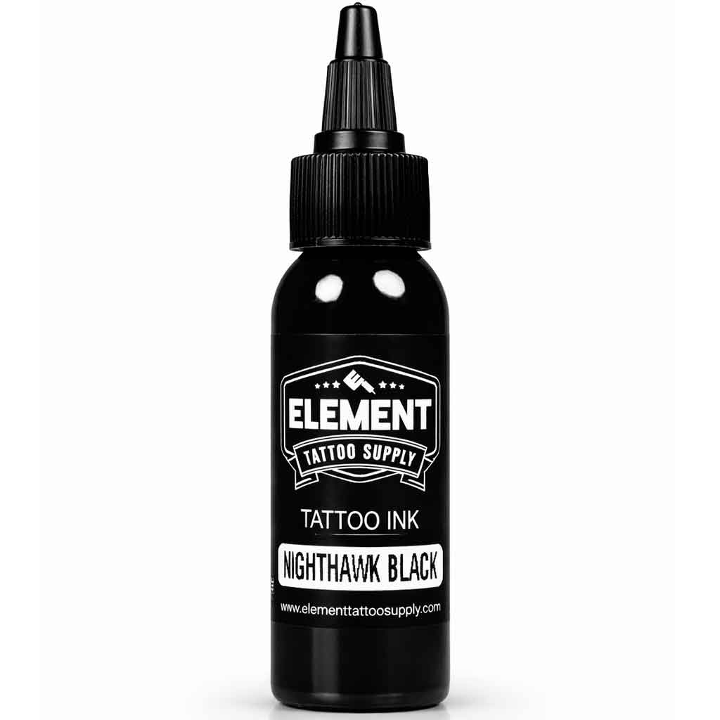 Element Tattoo Supply Nighthawk Black tattoo ink 1 oz bottle with black twist top cap