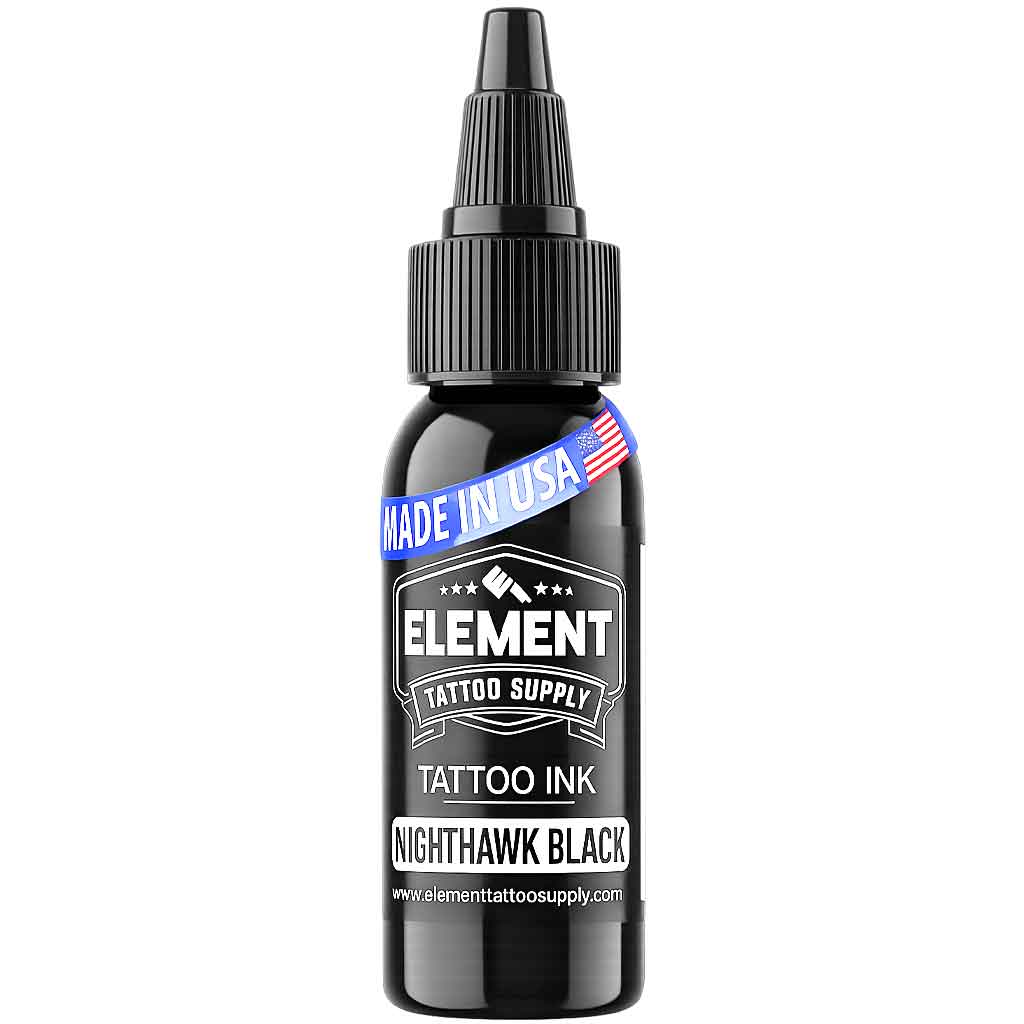 element tattoo supply nighthawk black tattoo ink bottle, professional black tattoo ink, lining and shading tattoo ink, made in usa tattoo ink, black tattoo pigment for bold lines and solid fill, tattoo artist ink bottle