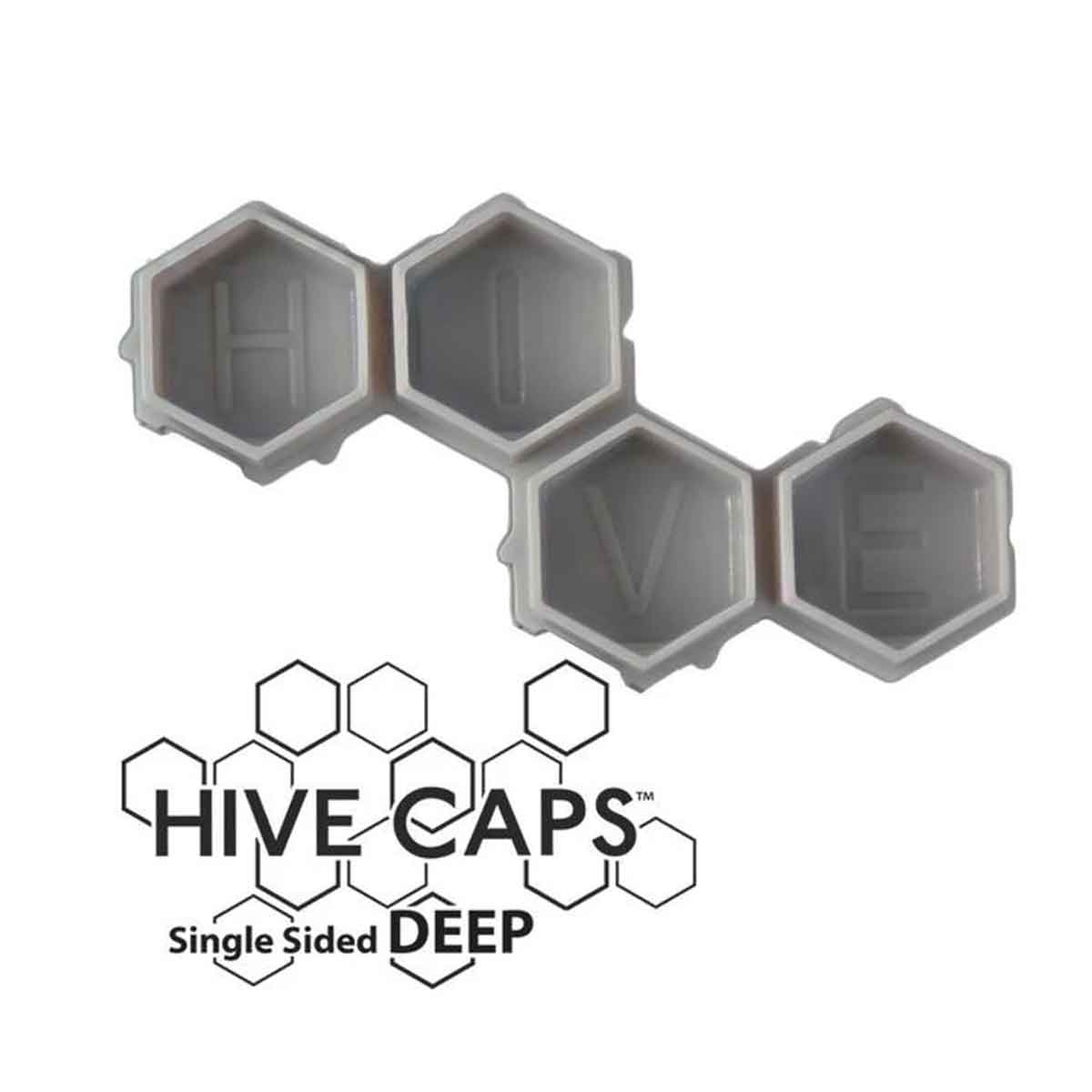 Hexagonal silicone mold labeled 'Hive Caps' on a white background