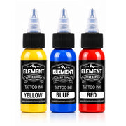 Yellow blue red Tattoo Ink by Element Tattoo Supply with a twist top and a drop shadow