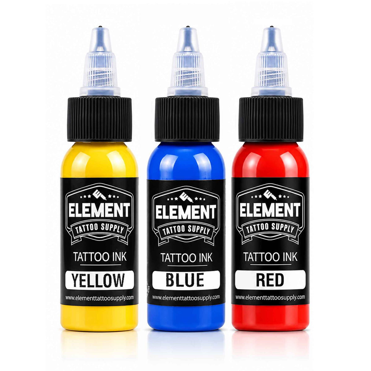 Yellow blue red Tattoo Ink by Element Tattoo Supply with a twist top and a drop shadow