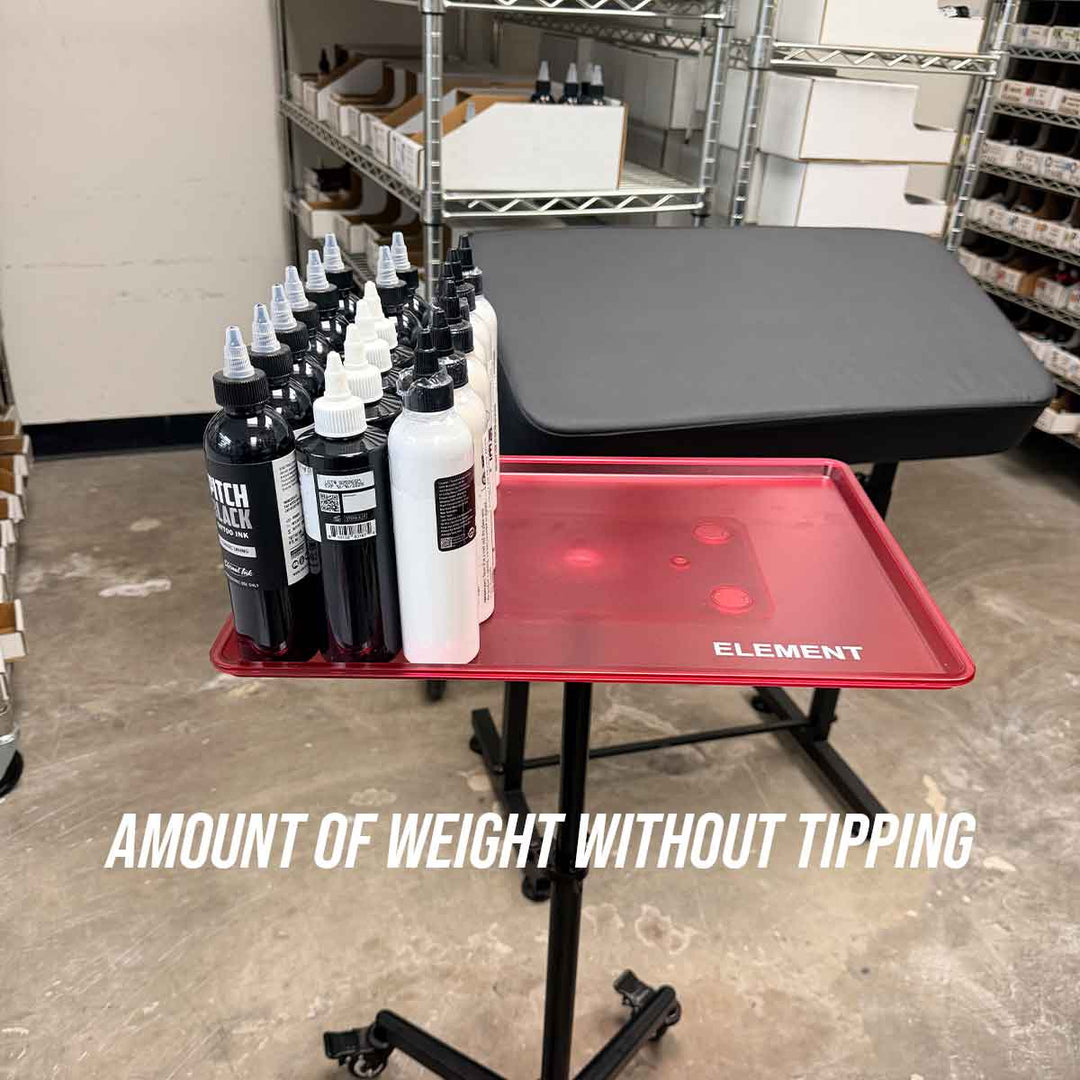 Bottles on a red tray with 'Element' branding in a warehouse setting