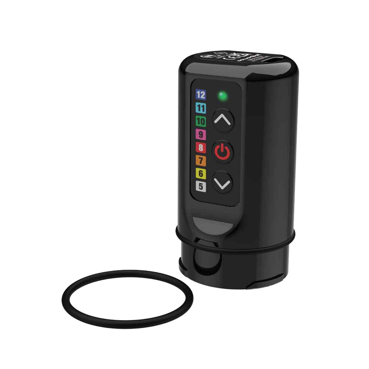Black electronic device with colorful buttons and a black ring on a white background