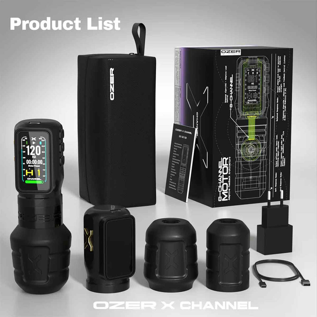 Ozer product set including a remote control, battery pack, and packaging on a gray background.