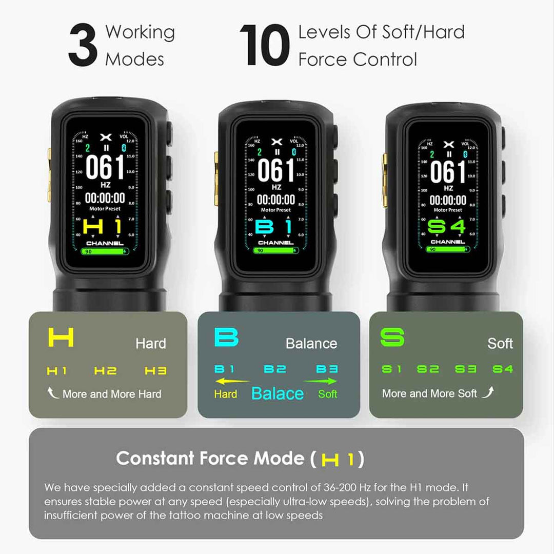 Three tattoo machine controllers with digital displays and force control options on a white background.