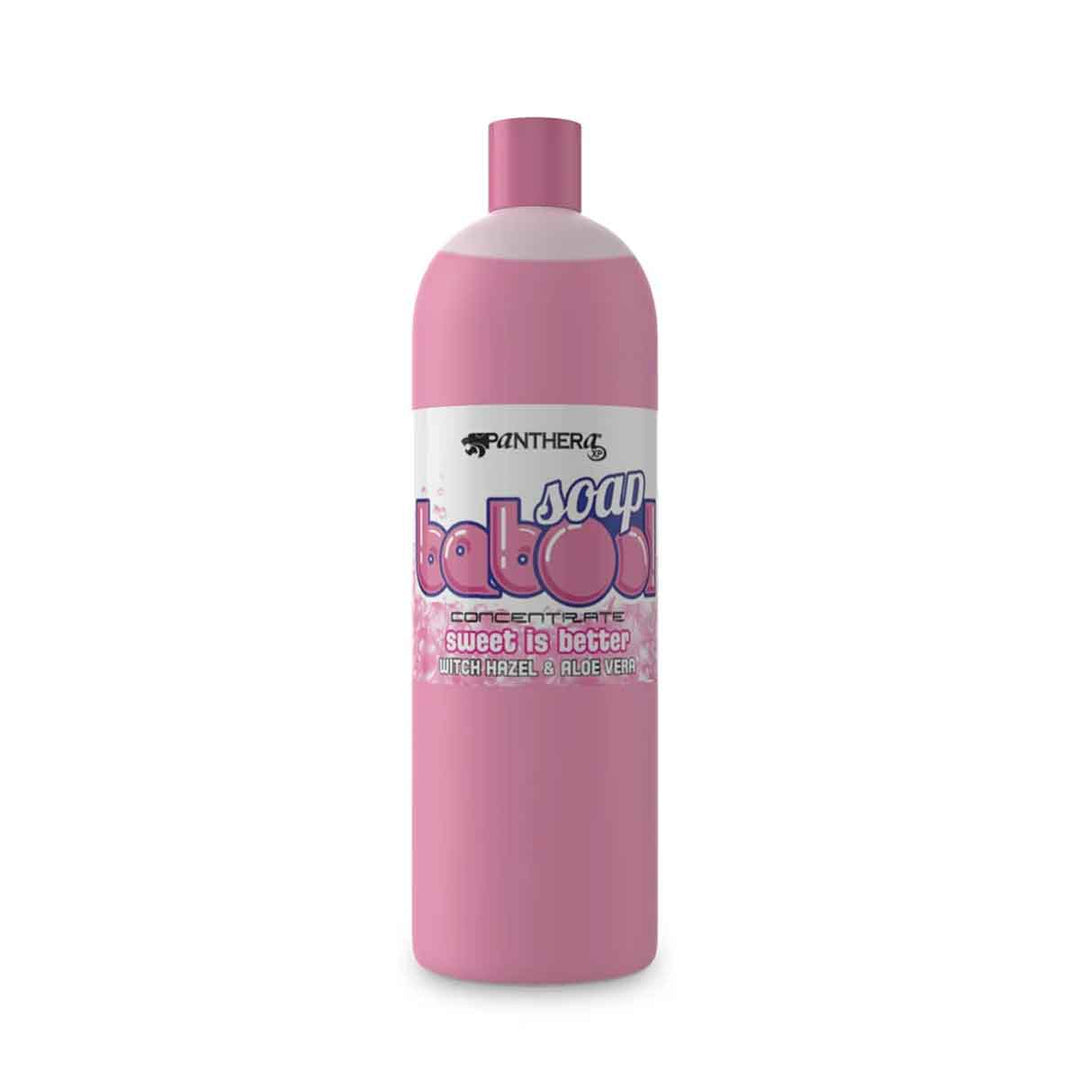 Pink bottle of soap with branding on a white background