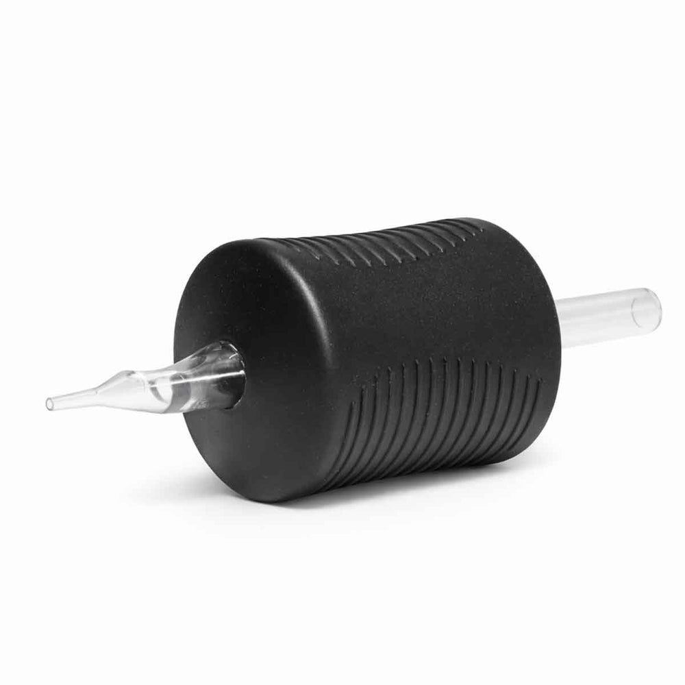 Black rubber tattoo grip attachment with clear nozzle on a white background