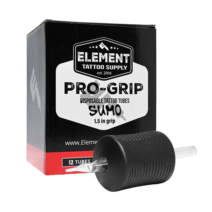 Element Tattoo Supply Pro-Grip Disposable Tattoo Tubes packaging with a black tube in front.