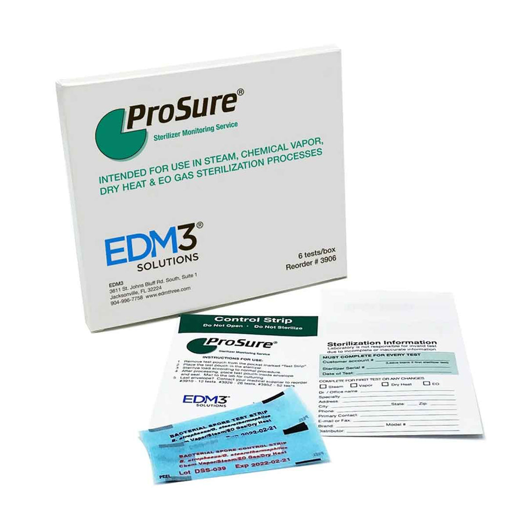 ProSure sterilizer monitoring service packaging with test strips and control strip on a white background