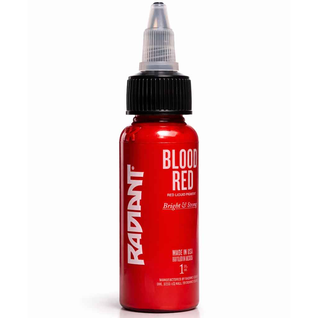 radiant colors blood red tattoo ink bottle, professional red tattoo ink, bright red tattoo pigment, 1oz tattoo ink bottle, color packing tattoo ink, vibrant red tattoo color, made in usa tattoo ink