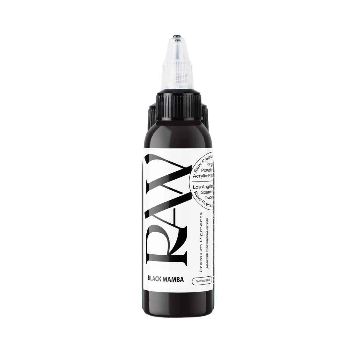 A bottle of RAW Black Mamba premium pigment ink, featuring a black plastic bottle with a clear cap and a white label with bold black text, set against a plain white background.