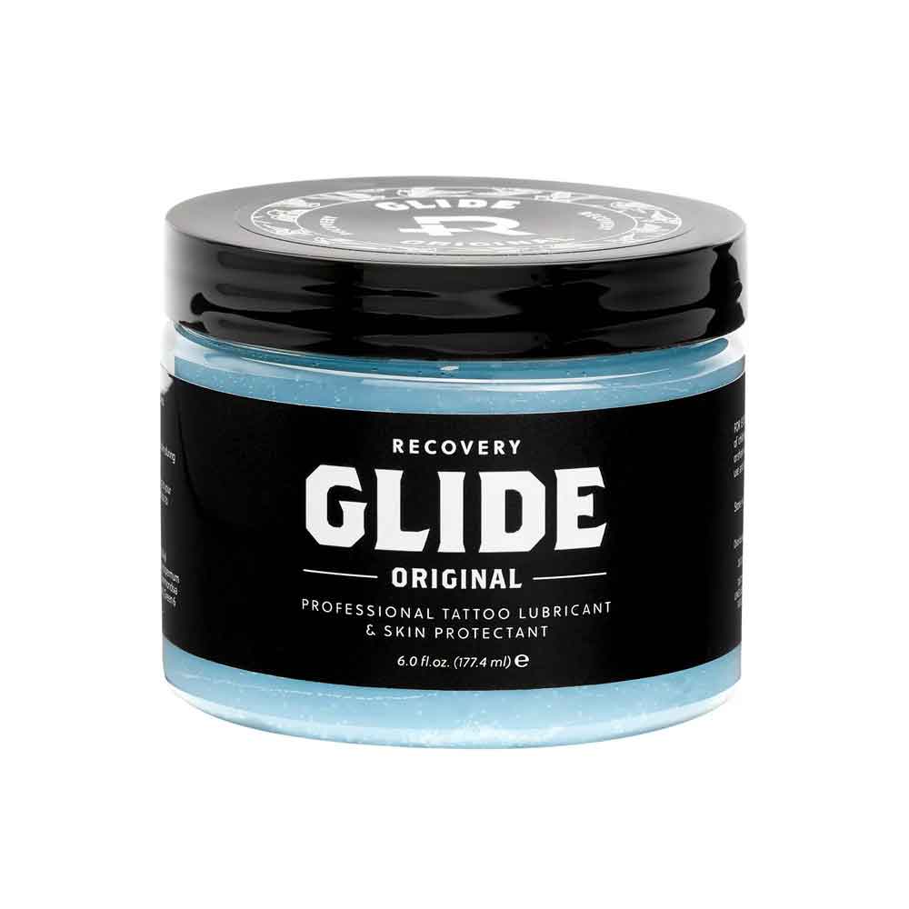Jar of Recovery Glide Original tattoo lubricant on a white background